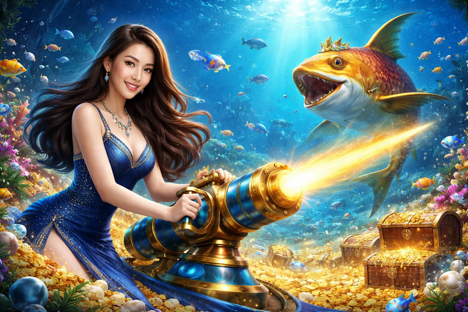 Hình ảnh đại dương rực rỡ với các loài cá và kho báu, tượng trưng cho game bắn cá sx666